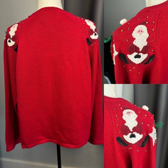 Vtg Red Long Sleeve Ugly Christmas Holiday Sweater Beads Sequins Med Santa Zippe - Picture 8 of 10